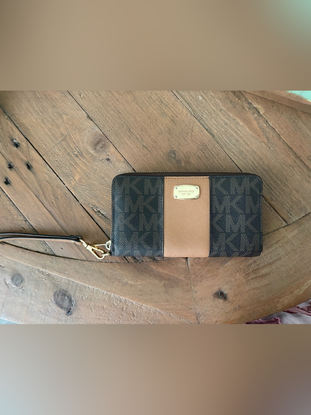 Michael Kors Brown Monogram Wallet with Tan Center Panel